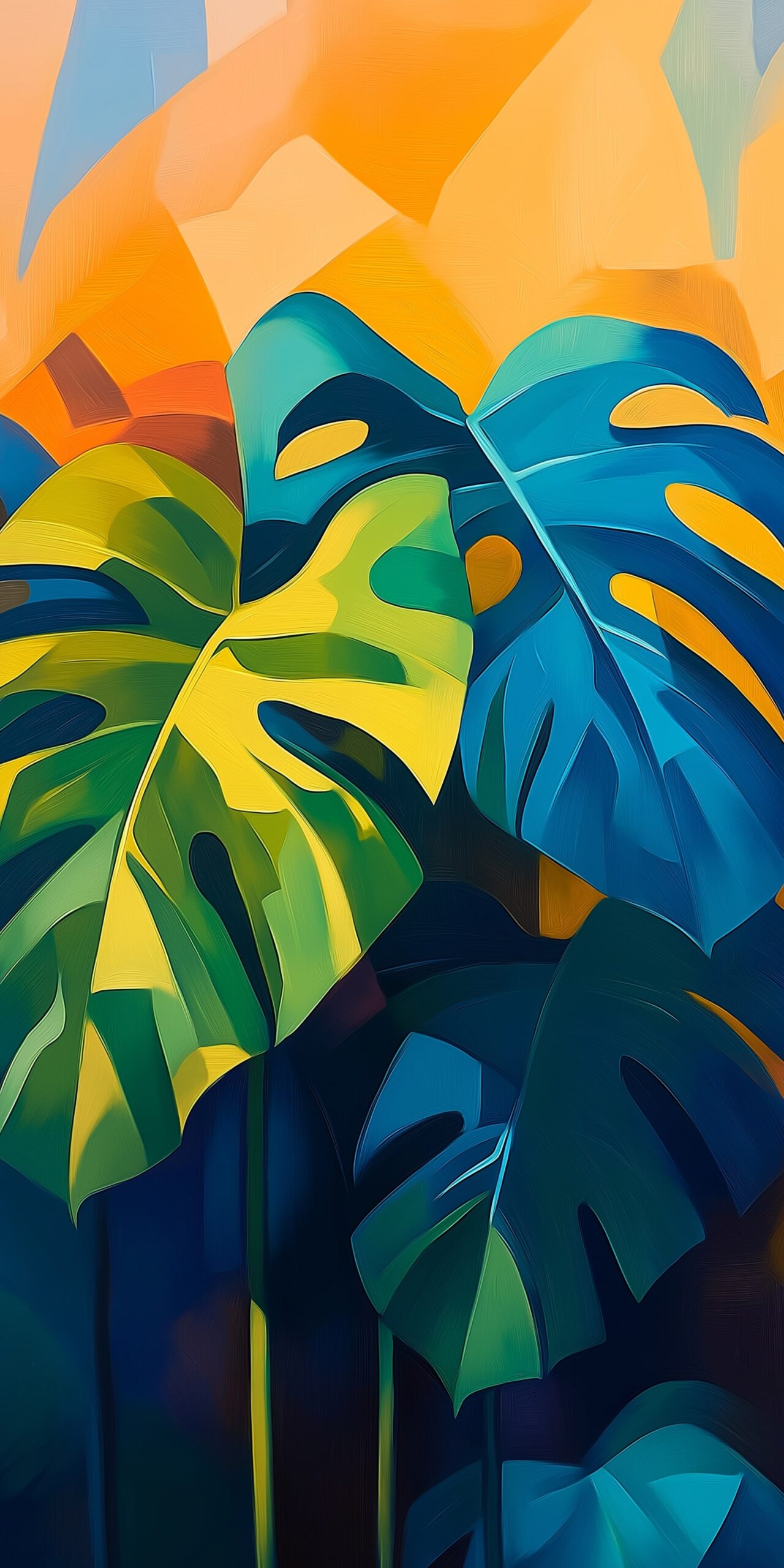Monstera leaf beach towel Vibrant greens and blues against a sunset backdrop 1 scaled