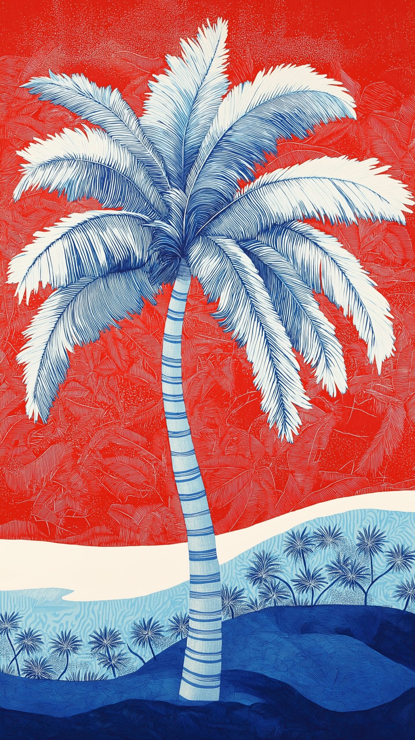 Palm tree beach towel Vibrant blue palm against a fiery red backdrop 1 scaled